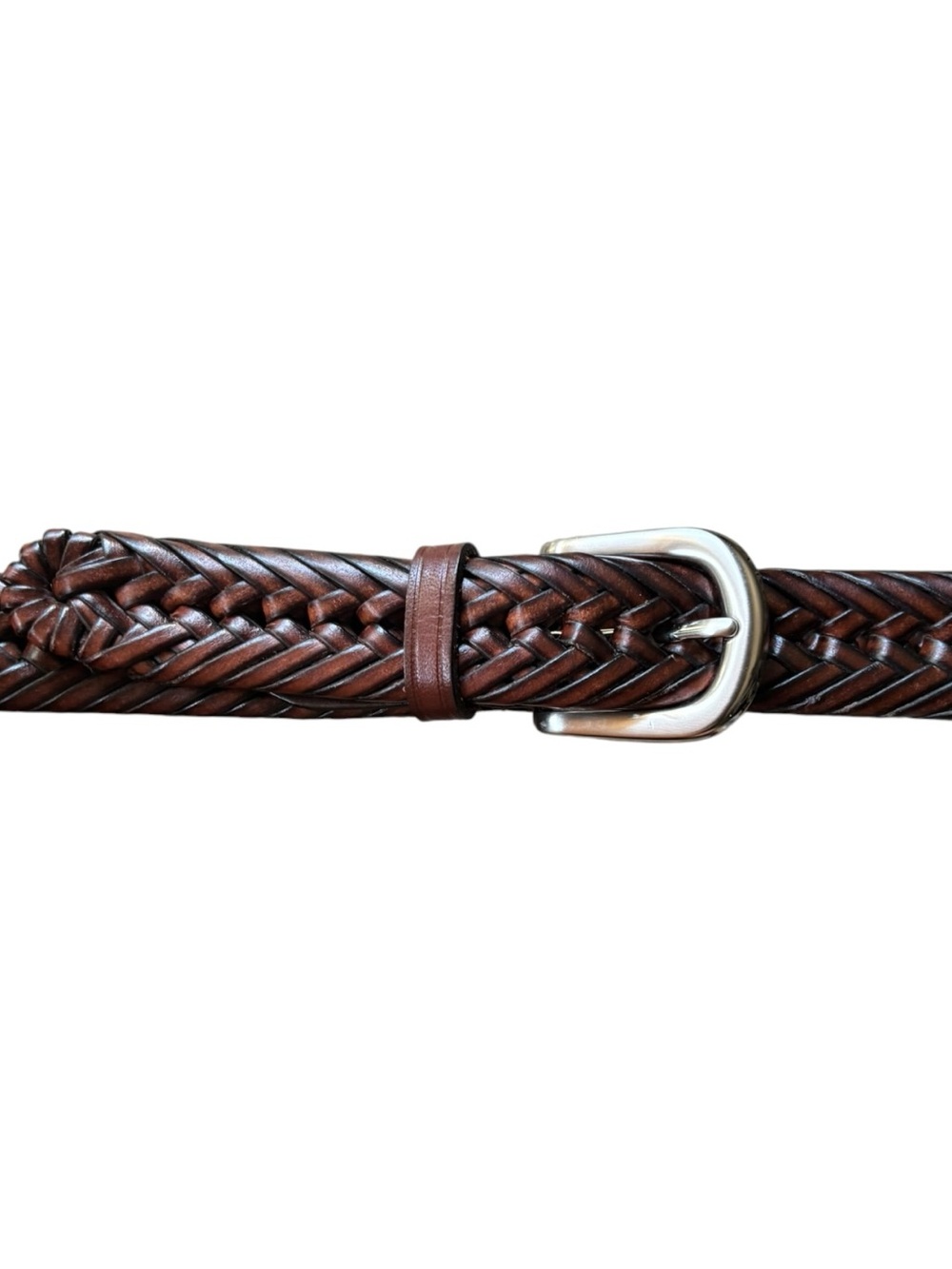 Brown Braided Genuine Leather Belt 1.25” Wide Brushed Silver Buckle Size 38 - Picture 12 of 13